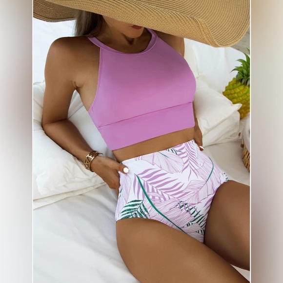 Purple High-Neck Bikini Set – Swim Top & Tropical High-Waist Bottoms (Size M) - Picture 1 of 16